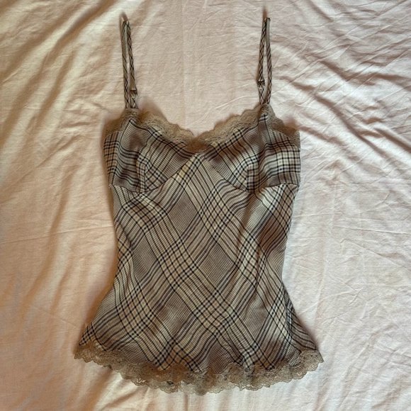Sold! - Vintage Express Plaid Silk Lace Trim Cami Tank Top - Picture 1 of 4
